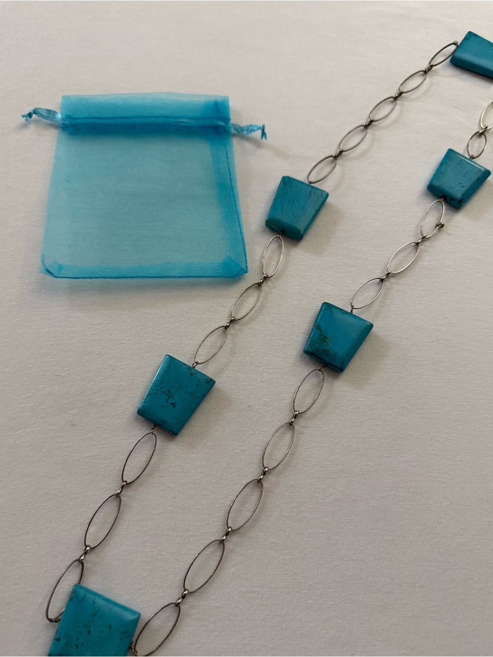Like New (Worn Twice) Turquoise Square Stone Long Silver Link Necklace